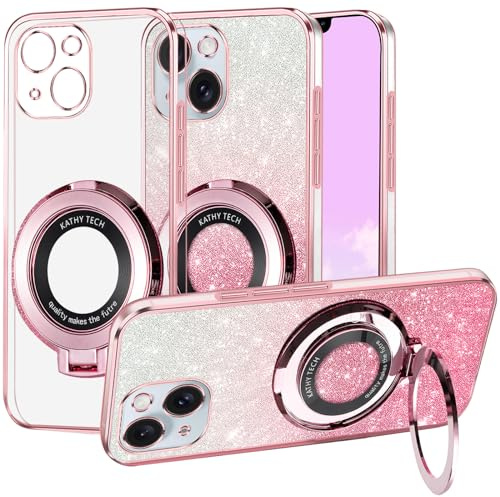Kainevy Cover per iPhone 13 Mini Trasparente Magnetica con Anello Supporto, Antiurto Brillantini Custodia per iPhone 13 Mini Cover Silicone Glitter 2 in 1 Separabile Sottile Case Rosa (Rosa)