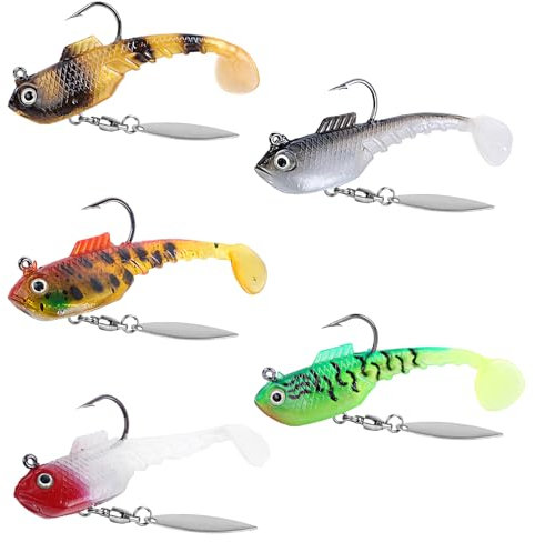 RYACO Gummifische Angelköder Weiche Kunstköder für Forelle Zander, Barsch, Gummiköder aus weichem Kunststoff mit reflektierendem Spinner, Paddelschwanz Angel-Jigs für Süß und Salzwasser, 5 Stück