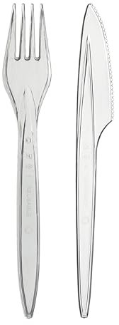 daybays Plastikbesteck Set 100x Plastikgabel 100x Plastikmesser Mehrweg Geschirrset Partybesteck Plastikgeschirr Mehrwegbesteck Spülmaschinenbeständig (Transparent, 100Gabel+100Messer)