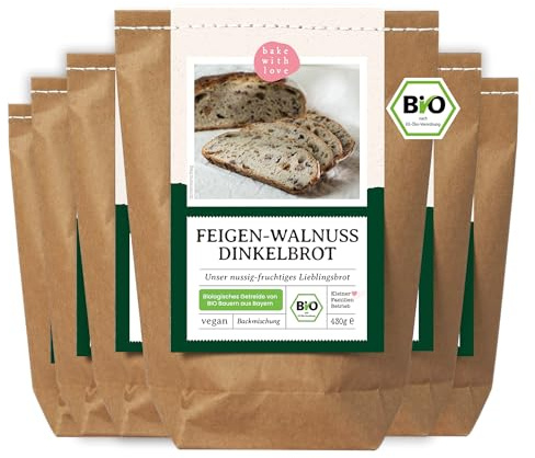 Bio Dinkelbrot Backmischung Feige Walnuss – 100 % Dinkel, ohne Weizen – fruchtig-nussiges Brot mit Walnüssen für Brotbackautomat & Ofen – Bake with Love - 6er Pack