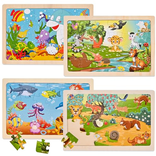Wooderma Tiere Puzzle ab 3 4 5 Jahre, 4x24 Teilen Holzpuzzles für Kinder, Kinderpuzzle Holz Puzzles Kinderspielzeug, Vorschule Lehrreiches Spielzeug Montessori, Geschenke für Mädchen Jungen
