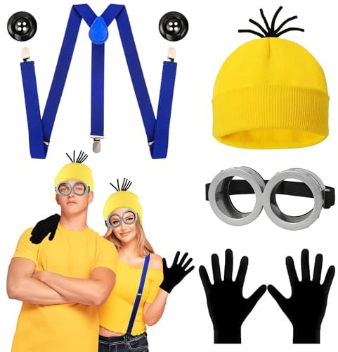 Dekewe 5PCS Erwachsene Gelbes Kostümzubehör Set, Includes Brille Mütze Handschuhe Knöpfe Hosenträger, Faschingskostüm, Halloween Karneval Party Kostüme für Männer und Frauen