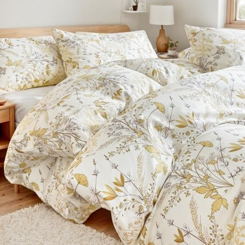 Nayoroom Bettwäsche Baumwolle 135x200 Blumen Weiß mit Gold Blätter Bettbezug Set 2 Teilig Gelb Aesthetic Modern Golden Pflazenmuster Botanisch Wendebettwäsche Reißverschluss und 1 Kissenbezug 80x80 cm