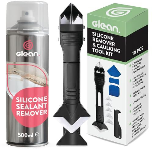 GLEAN Silicone Sealant Remover Spray | 500ml | 10Pc Grout Set | Bathroom Sealant Remover | Silicone Tool Finishing | 3-in-1 Caulk Tool