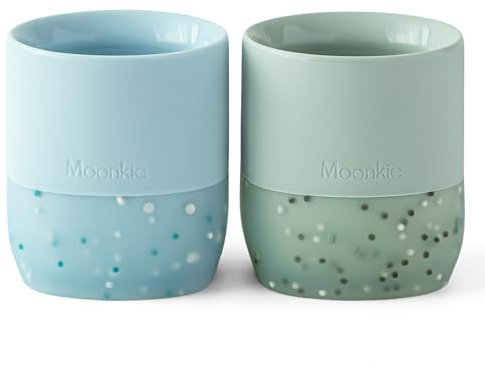 Moonkie Bicchiere Bambini, 2 Pezzi Bicchiere Neonato Silicone, Tazza Bambino 4 Mesi+, Svezzamento Neonati, Base Ponderata, senza BPA, con Indicazioni di Capacità, per Lavastoviglie, 2oz(Etere/Menta)