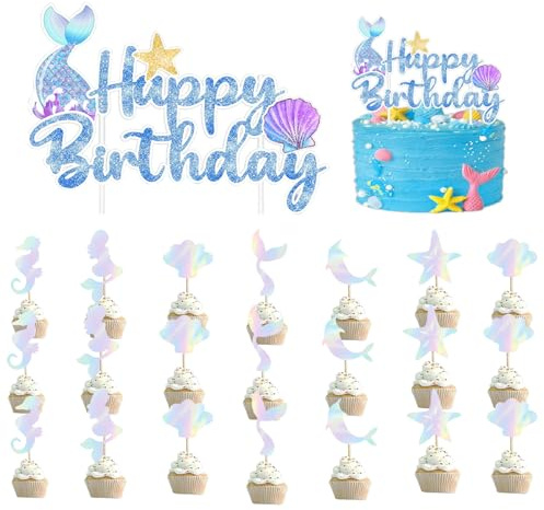 AYNKH Cupcake-Topper mit Meerjungfrauen-Motiv, personalisierbar, für Geburtstagsparty, niedliche Kuchen, Happy Birthday, Dekorationen, für Jungen- und Mädchen-Themenpartys