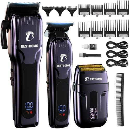 Tondeuse à cheveux professionnelle pour homme, tondeuse à barbe et rasoir rechargeable, lame en T en métal, écran LED, kit de coupe de cheveux pour homme et cadeau (808C-bleu)