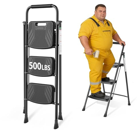 3 Step Ladder, Folding Step Stool with Wide Anti-Slip Pedal and Handrail, Safe-Lock Design, Lightweight, 500lbs Load, Sturdy Steel Ladder, Black