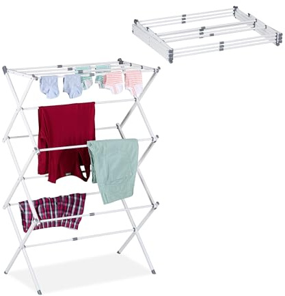 Relaxdays Wäscheständer klappbar, 11 Stangen auf 6 Ebenen, HBT: 105x73x37 cm, ausziehbarer Wäscheturm, Metall, weiß