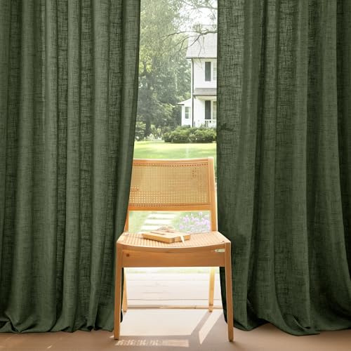 PONY DANCE Dichte Leinen Gardinen mit Kräuselband Vorhang Halbtransparent | 2er Set, H225 x B140 cm, Matcha-Grün, 220g/m², Schwer, Leinenoptik, Sonnenschutz, für Schiene, für Schlafzimmer Wohnzimmer
