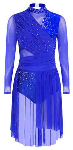 Aislor Robe Danse Contemporaine Femme Robe Danse Latine Lyrique Tenue Justaucorps Gymnastique Patinage Artistique Strass Manches Longues Bleu Royal M