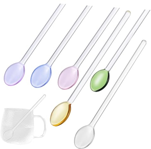 DEARMAMY Cuillères à Mélanger Polyvalentes Lot de 6 Long Manche en Verre Plusieurs styles Design Coloré et Fonctionnel Cuisine et Boissons pour Préparer Cafés et Thés
