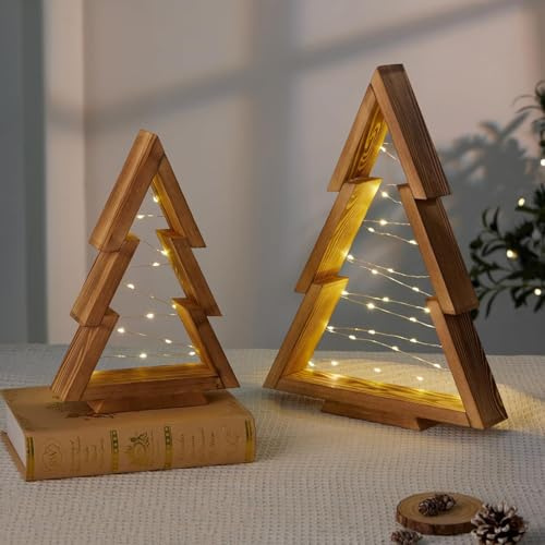 Weihnachtsdeko LED Weihnachtsbaum mit Stern, 2 Stück LED Weihnachtsdeko Holz Weihnachtsbaum, Weihnachtsdeko Innen Aesthetic, Modern Weihnachtsbeleuchtung für Tischdeko Weihnachten Deko (B)