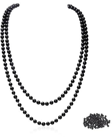 Perlenkette Damen 150 cm,1920s Gatsby Kostüm Accessoires,Lange Perlenkette,Elegante Künstliche Perlen Halskette,Imitation Perlen Kette Modische,Pearl Necklace für Party Abschlussball Hochzeit,Schwarz