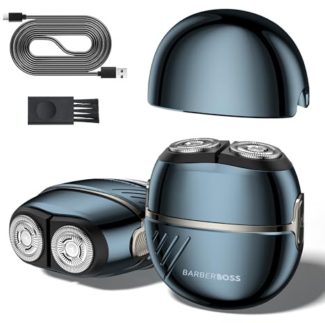 BarberBoss elektrisk rakapparat för män, bärbar roterande rakapparat, kolstålblad och 8 500 varv/min, USB-uppladdningsbar, reselås, kompakt skägg och ansiktsrakapparat för män, QR-2702