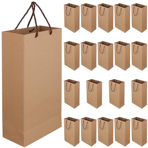 CHUENKUK 20 Stück Weintaschen Papier, 35 x 18 x 9 cm Braun Kraftpapier Wein Tasche, Flaschentasche mit Zapfhahn & Geschenktaschen Kraftpapier für 2 Flaschen, Geburtstag & Hochzeit