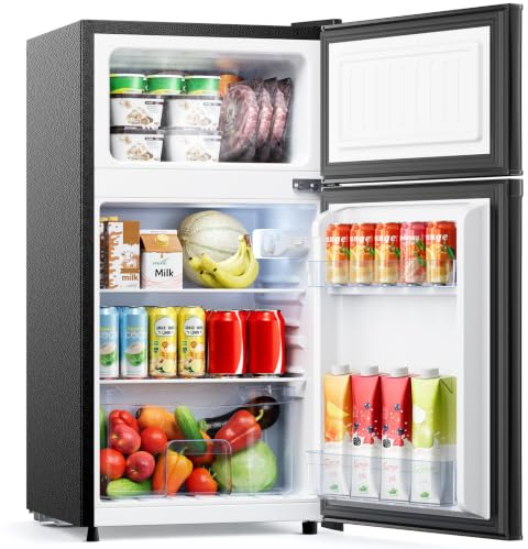 KOMORE Small Fridge Freezers Freestanding 70L, 7‑Stage Thermostat LED Light | Black, 2 Doors, Removable Shelves, Low Noise, Energy Saving Under Counter Fridge Freezer for Dorm/Office/Bedroom