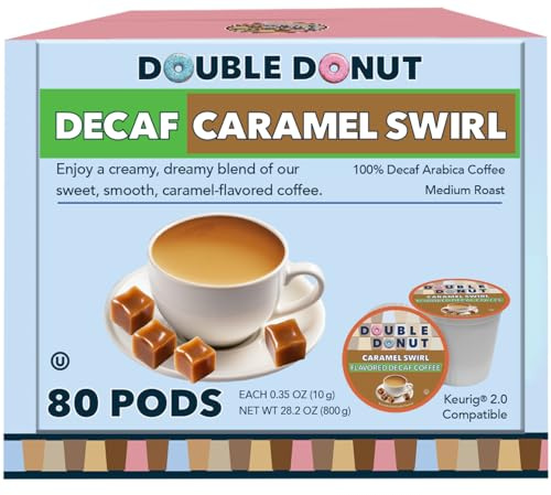 Caramel Swirl Medium Roast Flavored Decaf Coffee Pods for Keurig K Cups Makers from Double Donut, 80 Capsules