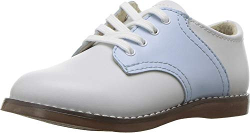 FOOTMATES Cheer Lace-Up Saddle Oxford Girls and Boys Dress Shoes with Wide Toe Box and Custom-Fit Insoles, Non-Marking Outsoles, White/Light Blue - 9 Toddler (1-4 Years)