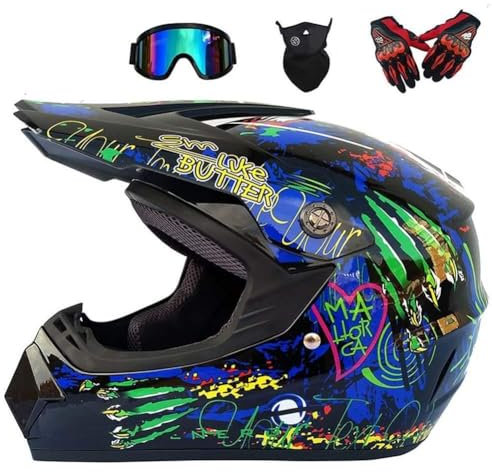 Cascos de Motocross Off-Road Motocross Helmet para Hombres con diseño Impreso Cross Motorcycle Complete Road Protect Helmet Set, Gafas de Cuatro Piezas más máscara Facial más Guantes (E,M)