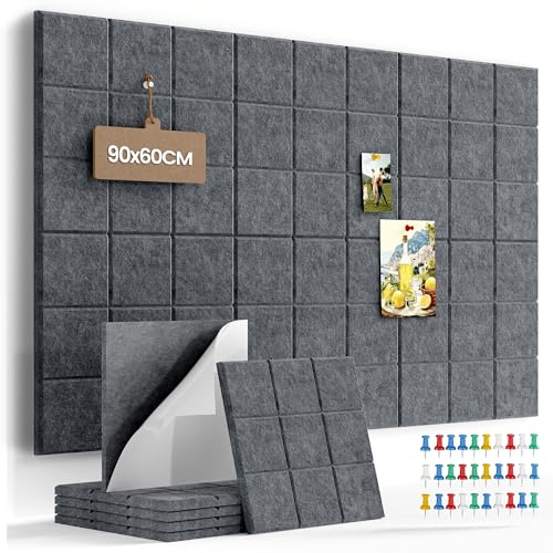 Tableau en Feutre Adhésif Mural, 6 Panneaux 30x30 cm, Modulable Sans Perçage Sans Trace, Tableau d'Affichage Décoratif avec 30 Punaises, Idéal pour Maison, Bureau, École et Chambre, Gris Foncé