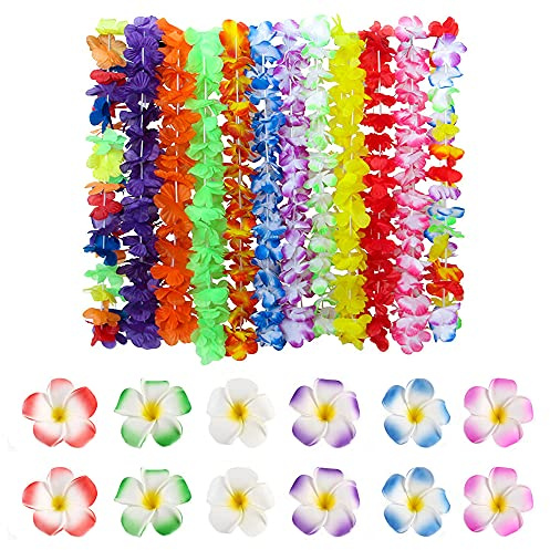 24 Stück Hawaiianische Blumengirlanden, Blumenketten Hawaiikette, Hawaiianische Blume, Girlanden und Plumeria Haarspange Hawaiian Leis Luau Blumen für Summer Beach, Partydekorationen