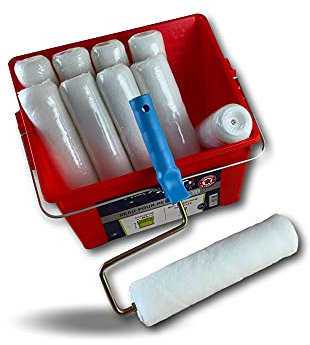 Pack complet peinture | 10 manchons polyester poils longs à visser longueur 250 mm | 1 monture | 1 seau 8 litres | 1 grille essorage intégrée XXL | Idéal grandes surfaces | Kibros SOASYM03
