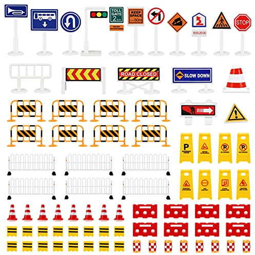 62pcs Kids Road Signs Playset, Mini Traffic Signs Toys - Plastic Miniature Traffic Lights Street Fence Cone Barricade Toy for Toddler Preschool Educational Playset