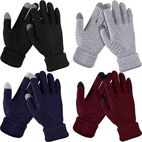 Coume 4 Pairs Kids Winter Touchscreen Gloves Warm Fleece Lined Child Knit Gloves Elastic Cuff Winter Texting for Girls Boys(Black, Gray, Navy, Wine Red)