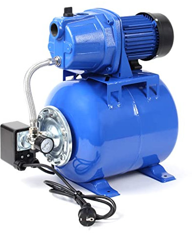 Wiltec Station d'eau domestique avec Pressostat, Manomètre & Réservoir – 435 x 265 x 465 mm – 600 W / 2800 l/h – Refoulement 32 m – avec Poignée de transport & Câble – Arrosage Jardinage Irigation