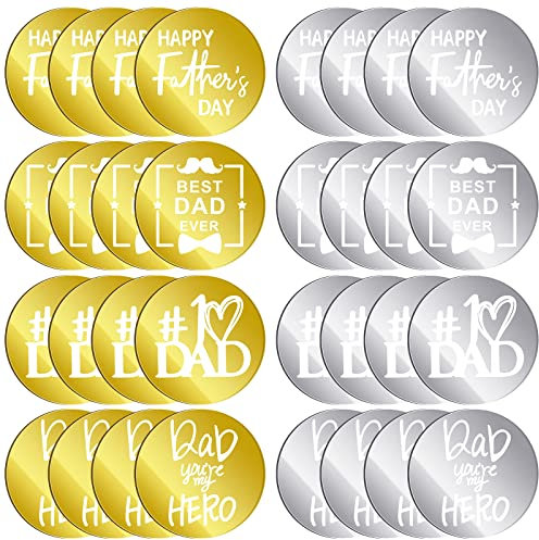 Queekay 32 Pcs Happy Father's Day Cupcake Topper Acrylic Mirror Disc Round Cake Engraved Topper Charms for Dad Birthday Party Decor(Gold, Silver)