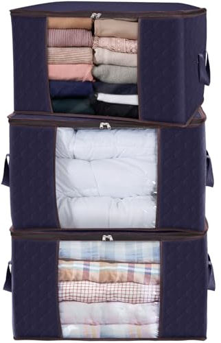 Lifewit 3 Piezas 90L Cajas Almacenaje Ropa, Bolsa Almacenaje ropa, Organizador Armario Plegable, Cajas Mudanza, Cajas Almacenaje Plastico, Bolsas para Guardar Ropa, Mantas, Edredones, Azul