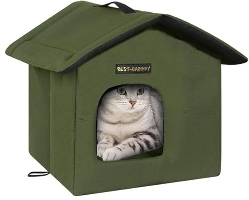 Rest-Eazzzy Cat House for Outdoor Cats, Weatherproof and Insulated Feral Cat House with Mat and Clip, Easy to Put Together, Selfwarming Cat Shelter for Summer(Olive Green, Canopy House X 1)
