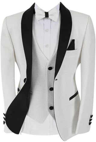 Boys Shimmer White Tuxedo Suit Glittery Wedding Prom Performace Party 6 Piece Set Size 11 Years
