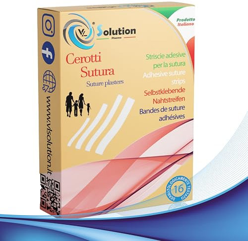 Cerotti per suture 16 pz - in due formati: 10 pz da 3 x 75 mm e 6 pz da 6,4 x 80 mm Strip in Tnt sterile e traspirante per medicazione ferite. Strisce cutanee per sutura (Conf. 16 pz)