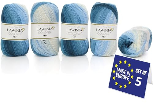 LAWINIA COLORISH Lyxigt regnbågsgarn DK, regnbågsull för stickning, förpackning med 5 vardera 100 g - 350 m 100 % akryl DK stickgarn, flerfärgad ull, ombre