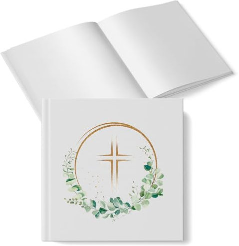 Gästebuch mit Kreuz & Eukalyptus-Kranz: Fotoalbum für Taufe, Kommunion, Konfirmation & Firmung, Erinnerungsbuch Hardcover, Erinnerungsalbum Hochzeit, 48 Blanko Seiten, Weiß, Grün, Gold, 15 x 15 cm