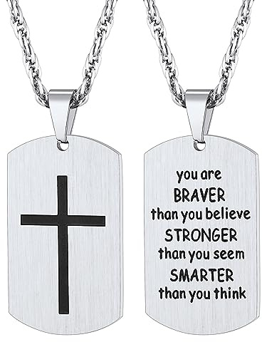 Richsteel Herren Military Plaque Kreuz Halskette Gravierter Anhänger BRAVER Dog Tag Halskette aus Edelstahl mit Kette Personalisierter Schmuck Geschenk für Männer Jungen Silber