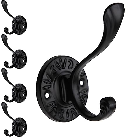 5pcs Black Coat Hooks Wall Mounted Coat Hooks Farmhouse Matte Black Wall Hooks with Screws Metal Matte Black Towel Hooks for Bathrooms Entryway Hooks for Hanging Coats, Keys, Hats, Scarves, Robe, Bags