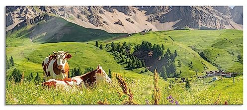 Pixxprint Glasbild Panorama, Wandbild aus Echtglas, Alpenszene mit Kühen auf grüner Wiese, 120x50 cm, inkl. Aufhängung und Abstandshalter