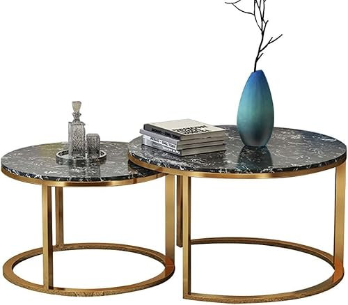 CATANK Lot de 2 Tables Basses Rondes empilables pour Salon/Table d'appoint avec Cadre doré en métal et Tables d'appoint en marbre pour Bureau, Salon, Chambre à Coucher, Balcon, décoration