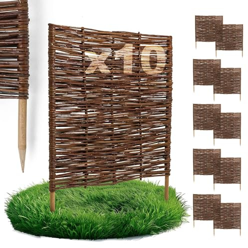10 x BOGATECO Beeteinfassung aus Weide | 60 cm Lang & 60 cm Hoch | Holz-Zaun Rasenkante | Weiden-Zaun Steckzaun Perfekt für den Garten als Weg-Abgrenzung | Gartenzaun Weidezaun Zaunelemente