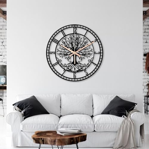 FAWdecor Grande orologio da parete rotondo in metallo, con albero della vita, silenzioso, senza ticchettio, funzionamento a batteria, al quarzo, silenzioso, per la casa (nero, 50 cm)