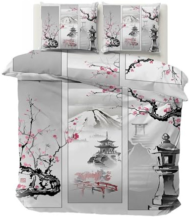 Boceoey Housse de Couette 200x200 Japon Parure de Lit Réversible avec Fermeture Éclair, Housse Couette 2 Personnes Imprimée Mont Fuji Aquarelle Fleur de Cerisier et 2 Taie d'oreiller 65x65 cm