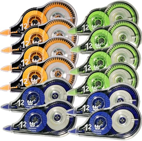 xutong Korrekturband, 12 Stück, 3 Farben, 12 m x 5 mm, Mini-Korrekturband für Schule, Büro, Zuhause, Kinder, Studenten, Erwachsene (Gelb + Blau + Grün)