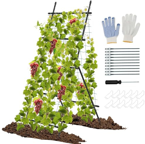 COSTWAY Enrejado de Jardín de 187 cm para Plantas Trepadoras, Soporte Vertical para Plantas con Red, Postes de Metal Recubiertos de Plástico, Soportes para Cultivo con Marco en A