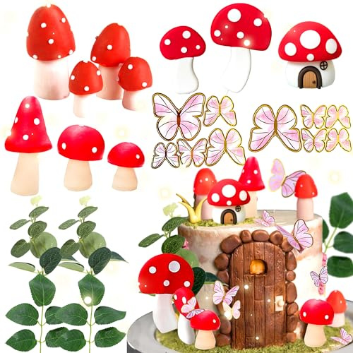 JeVenis Red Mushroom House Cake Decoration Mushroom Cake Decorations | Fairy Cake Decorations Garden Fairy Cake Decoration Fairy Party Supplies Fairy Party Favors