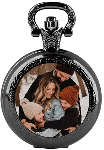 Tiong Personalized Pocket Watch Customizable Picture Glass Dome Quartz Pocket Watch Necklace Pendant with Necklace Retro Pocket Watch Custom Gift for Friends Lover Family