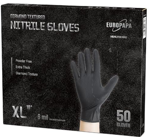 EUROPAPA 50x extra thick nitrile gloves DiamantGrip Diamant black and orange Perfect Grip disposable gloves assembly protection gloves powder-free latex-free work gloves (XL, Black)