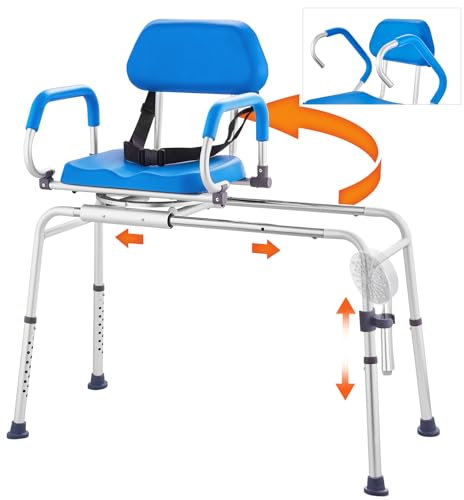 VEVOR Panca da Trasferimento per Vasca Scorrevole 150 kg Sedia da Doccia Scorrevole con Sedile Girevole a 360 Gradi, Bracciolo Girevole e Sedile Imbottito e Cintura di Sicurezza, per Anziani Disabili